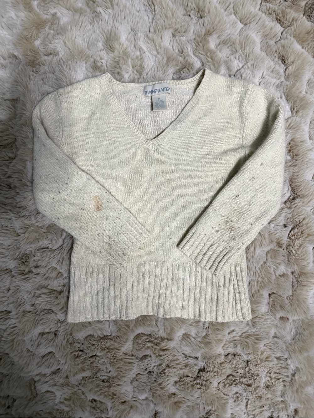 Vintage Mainframe Silk Angora Rabbit Hair Cream V-Neck Knit Sweater